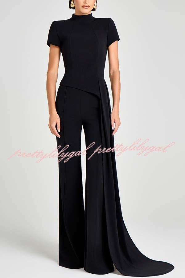Pippa High Neck Short Sleeve Irregular Drape Hem Top and Elastic Waist Flare Pants Set
