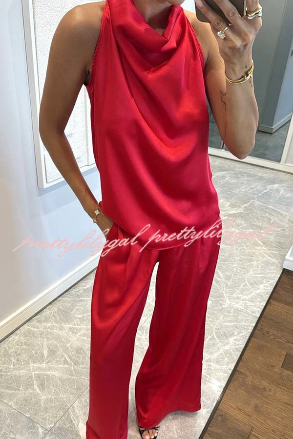 Classic on You Satin High Cowl Neck Top and Elastic Waist Pocket Loose Pants Set