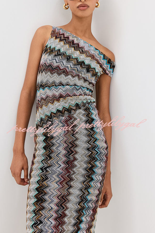 Cocktails and Vacation Knit Colorful Zigzag Pattern One Shoulder Slit Maxi Dress