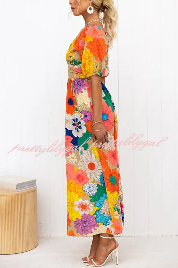 Floral Frenzy Printed Puff Sleeve Back Smocked Maxi Dress