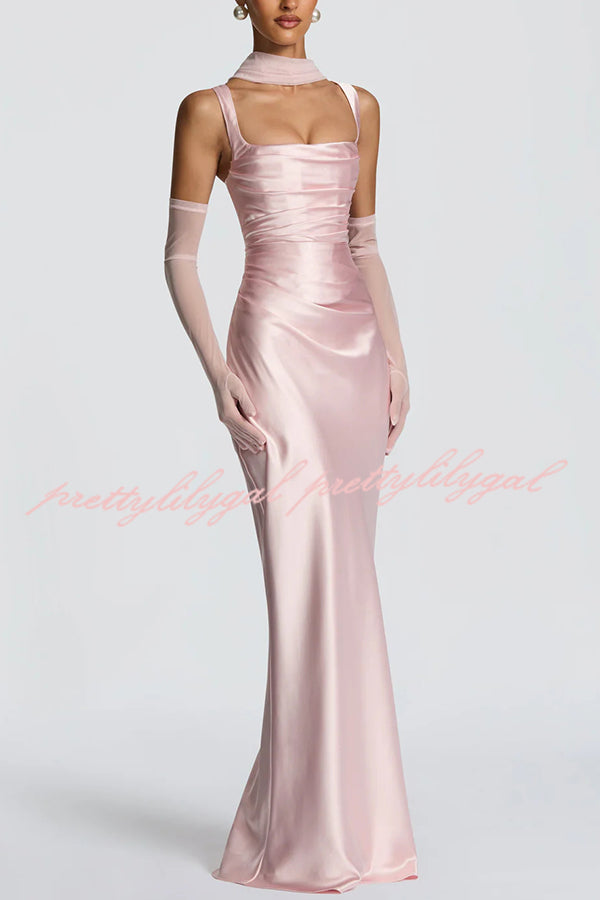 Calanthe Satin Square Neck Ruched Back Lace-up Drape Mesh Scarf Maxi Dress