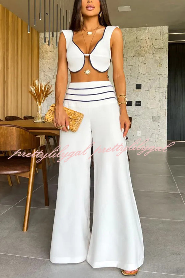 Solid Color Sexy V-neck Sleeveless Top and High-waisted Loose Pants Set