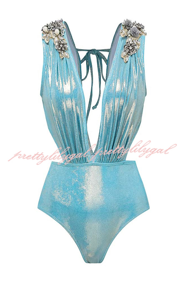 Solid Color Shiny Fabric Deep V Metal Embellished Stretch One-piece Swimsuit