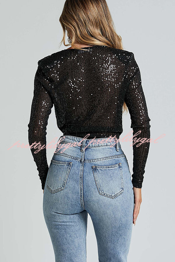 Alora Sequin Wrap Front Plunge Neck Long Sleeve Bodysuit