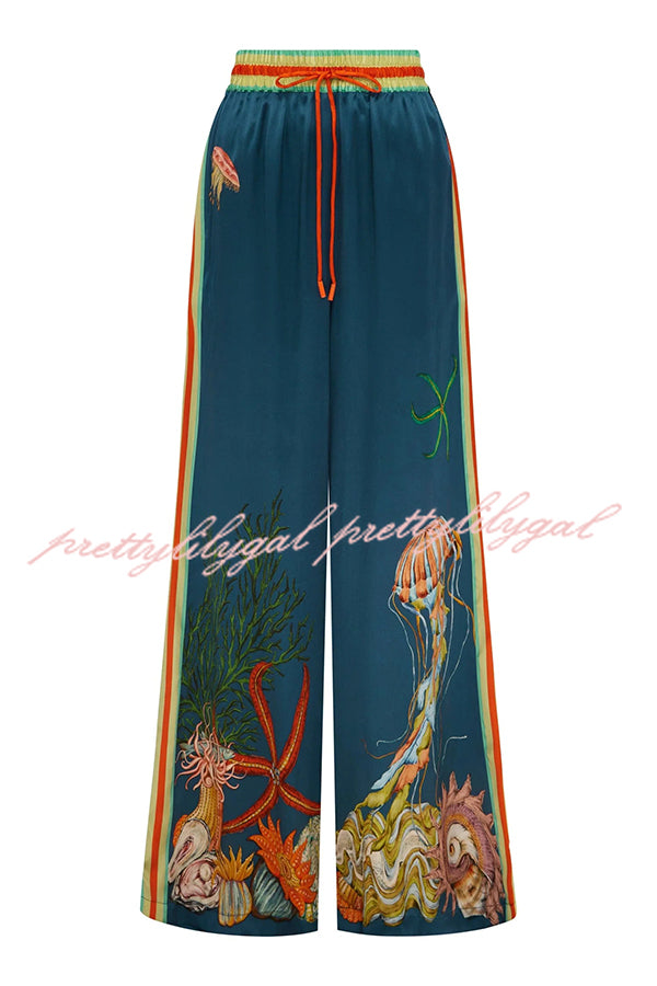 Linen Blend Unique Print Lapel Short Sleeve Shirt and Elastic Waist Loose Pocket Wide Leg Pants Set