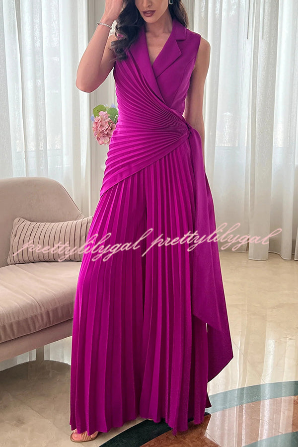 Solid Color Lapel Sleeveless Waist Tie Pleated Wide-leg Jumpsuit