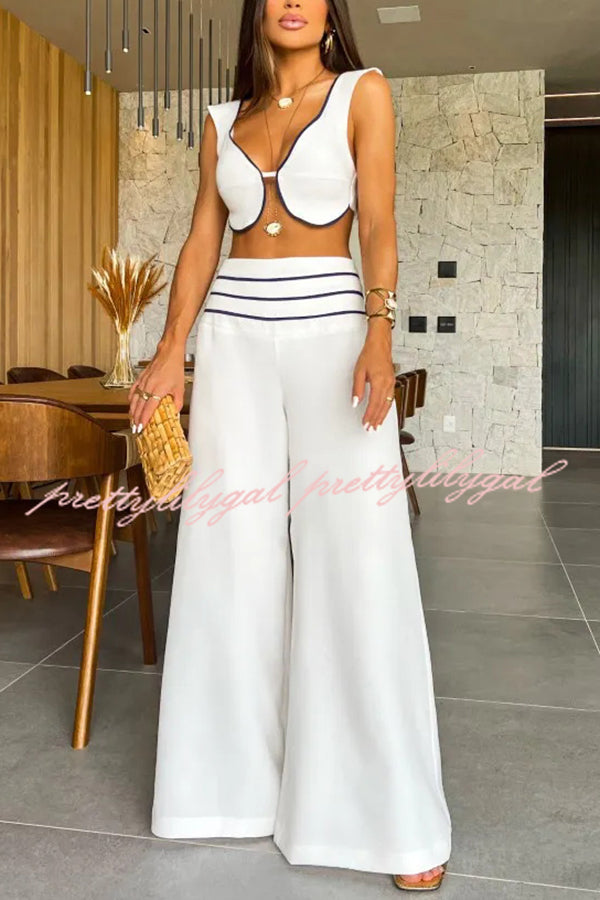 Solid Color Sexy V-neck Sleeveless Top and High-waisted Loose Pants Set