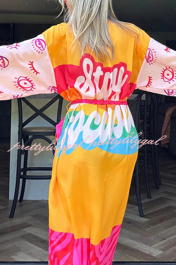 Elevate Beach Style Unique Print Long Sleeve Belted Pocket Cover-up Kimono