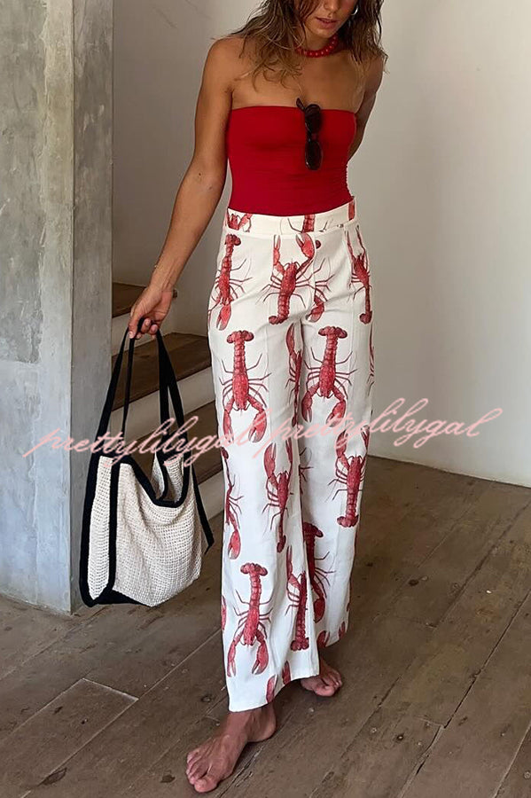 Fun Vacation Lobster Print High Rise Straight Pants