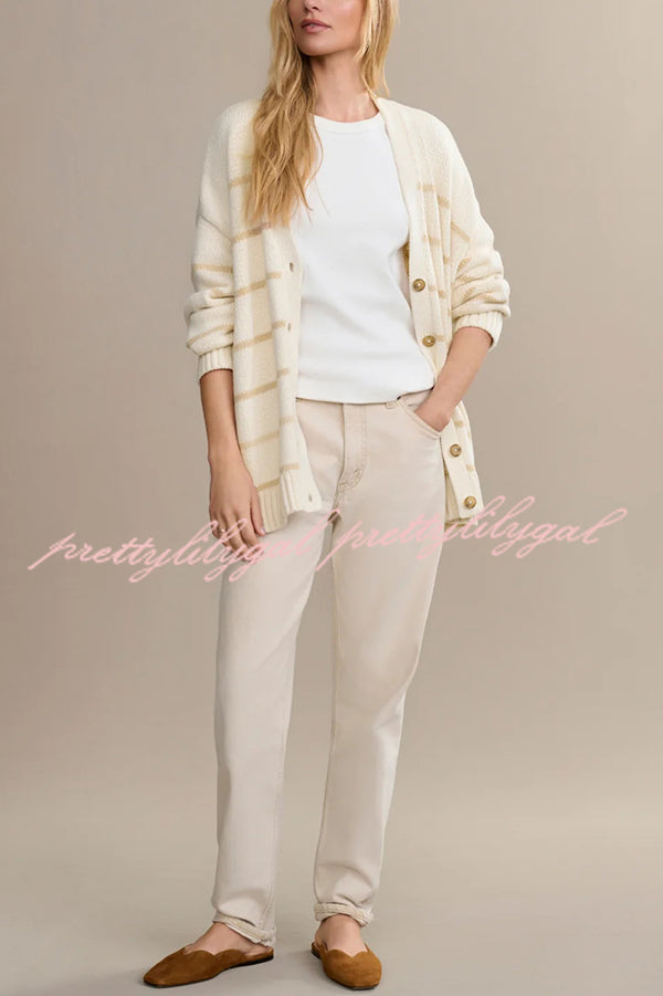 Striped Loose V-neck Long-sleeved Casual Knit Cardigan