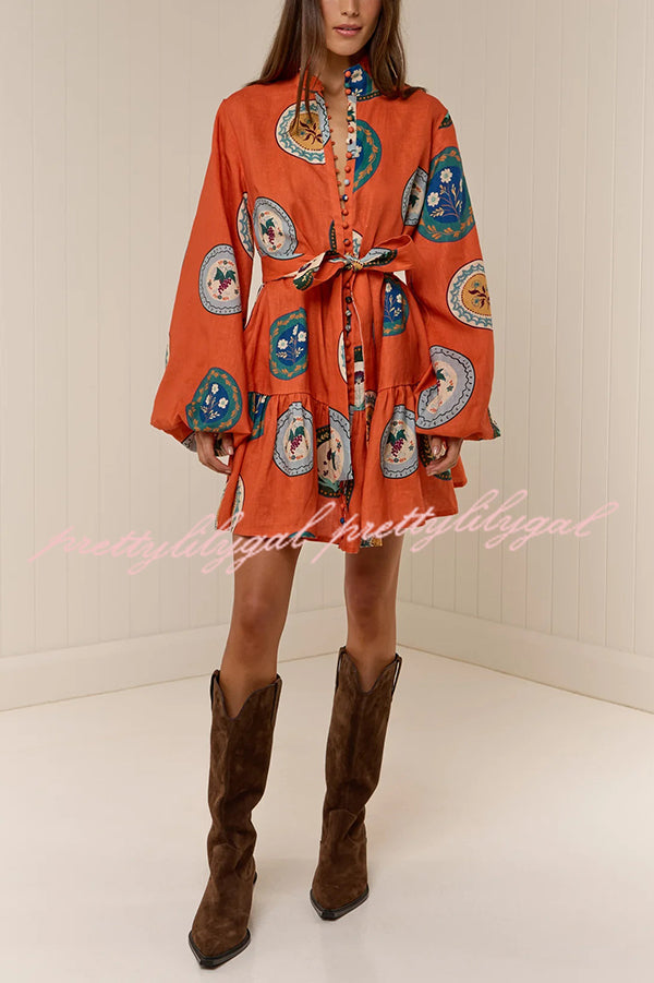 Linen Blend Unique Print Tie Waist Loose Mini Dress