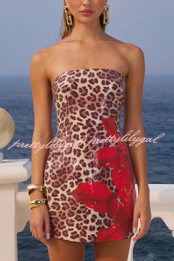 Beach Club Sequin Unique Print Strapless Stretch Mini Dress