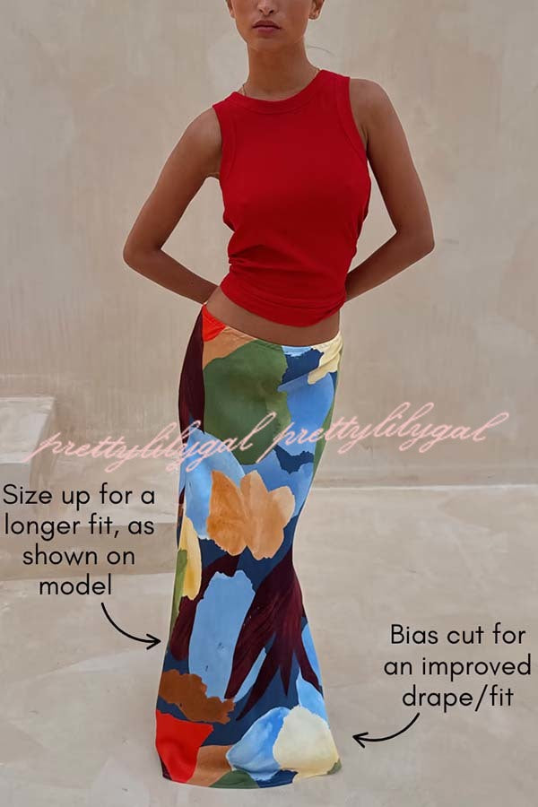 Bright and Bold Satin Abstract Color Blocks Print Elastic Waist Drape Maxi Skirt
