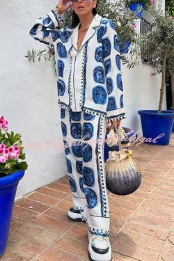Unique Print Lapel Long Sleeve Shirt and Elastic Waist Wide Leg Pants Set