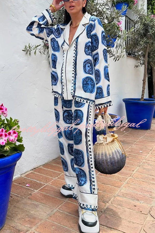 Unique Print Lapel Long Sleeve Shirt and Elastic Waist Wide Leg Pants Set