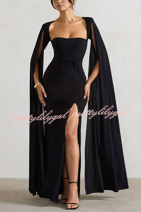 Elegant Goddess Square Neck Twisted Cape Sleeve Slit Maxi Dress