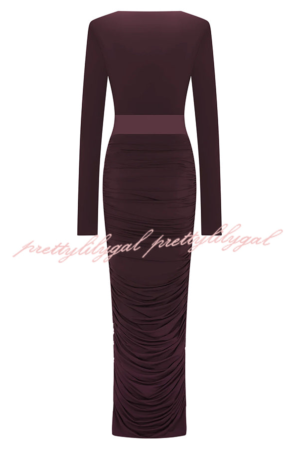 Sexy See-through Long-sleeved V-neck Pleated Slim-fit Maxi Dress