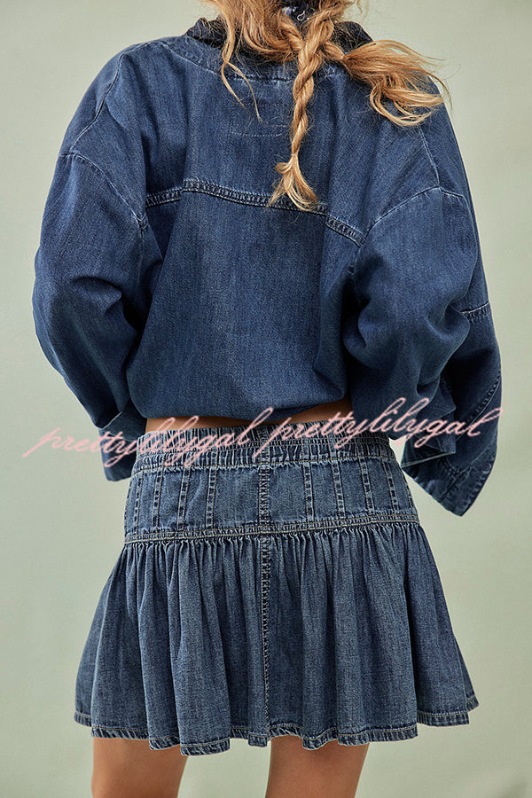 Solid Color Elastic Waist Button Tie Denim Mini Skirt