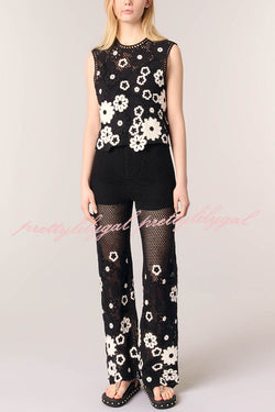 Fashion Embroidered Hollow Hook Elastic Waist Casual Wide-leg Pants