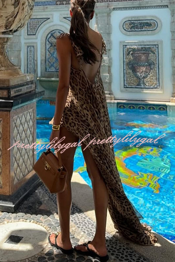 Immerse Vacation Leopard Tie-up Slit Midi Top and Elastic Waist Shorts Set