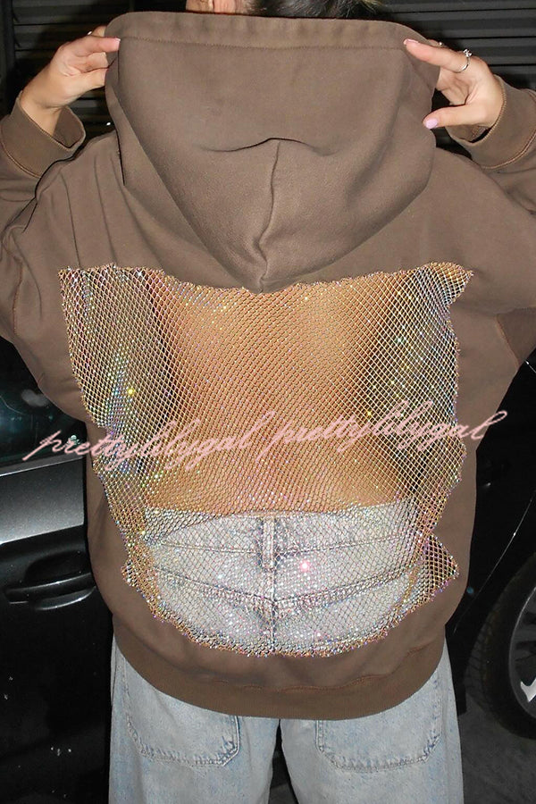 Fashionable Shiny Mesh Hollow Back Loose Long-sleeved Hooded Sweatshirt