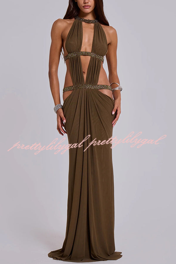 Khaki Hot-fix Rhinestone Shoulder Strap Cutout Design Backless Drape prettylilygal Khaki Hot-fix Rhinestone Shoulder Strap Cutout Design Backless Drape prettylilygal