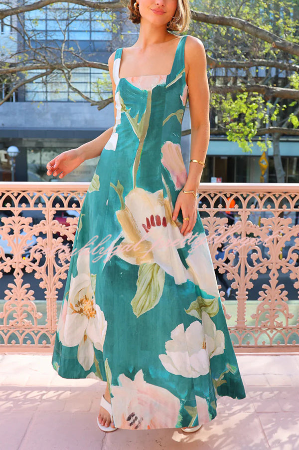 Floral Print Sleeveless Square Neck Big Hem Maxi Dress