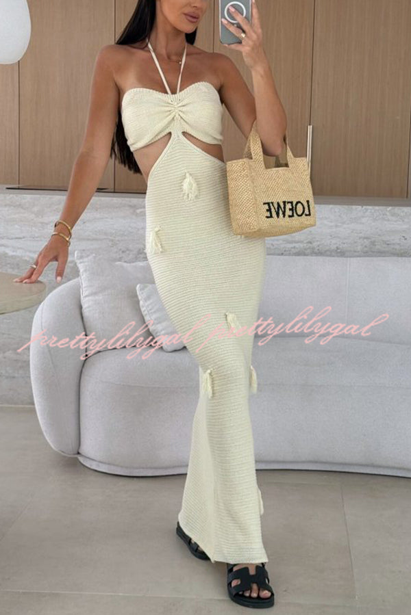 Fashion Halterneck Waist-baring Tassel-embellished Knitted Maxi Dress