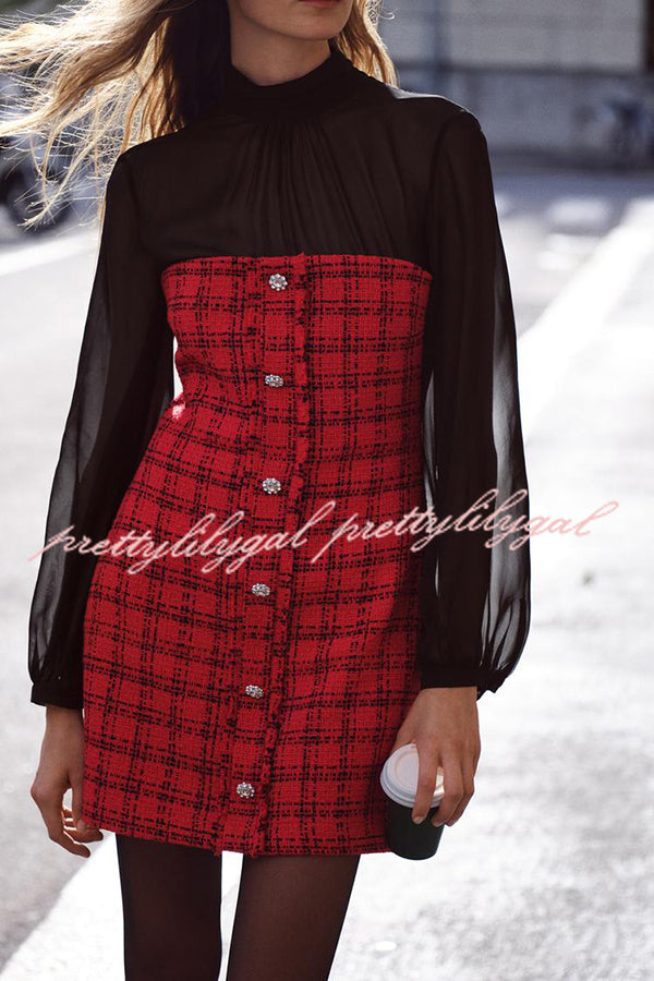 Festive Elegance Tulle Plaid Tweed Patchwork Balloon Sleeve Mini Dress