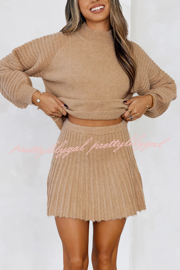 Solid Color Round Neck Puff Sleeve Loose Knit Sweater and Casual Striped Mini Skirt Set