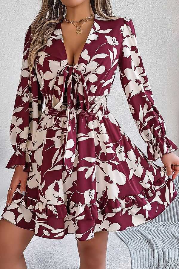 Floral Print V-neck Lace-up Long-sleeve Elastic Waist Mini Dress