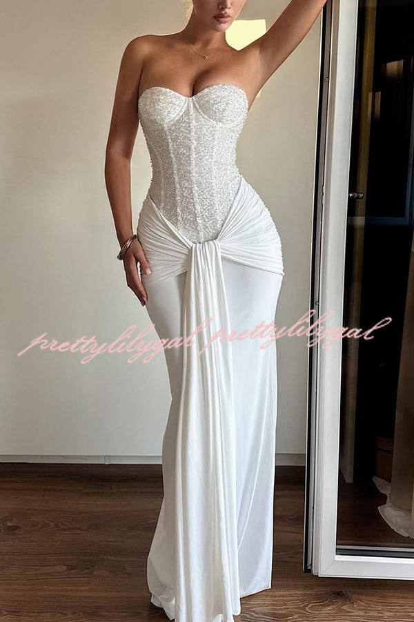 Carina Sequined and Satin Jersey Off Shoulder Ruched Knot Drape Maxi Dress