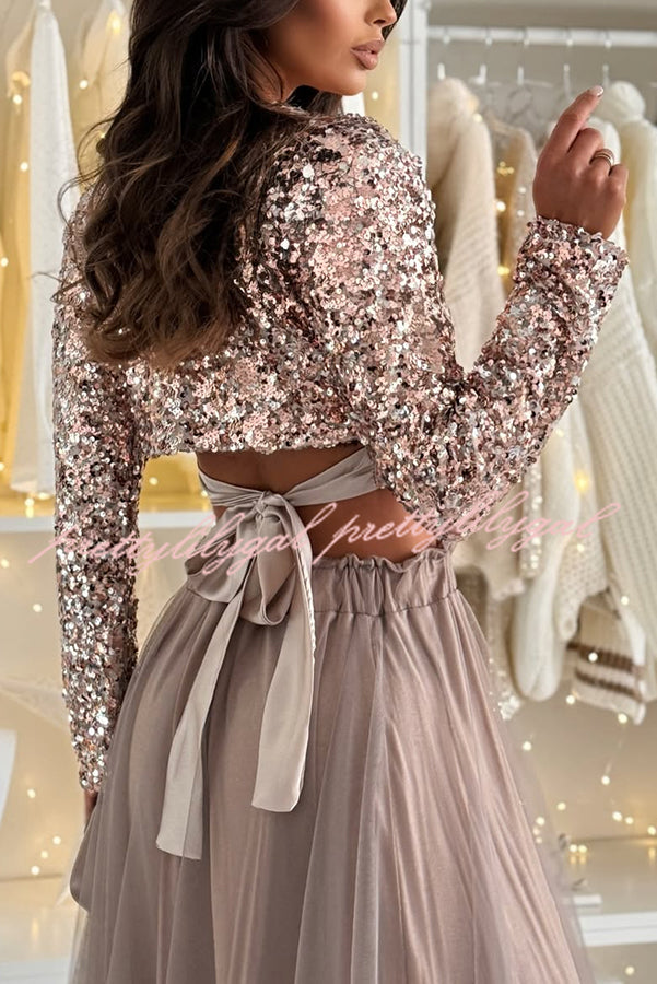 Holiday Party Sequin Long Sleeve Back Satin Tie-up Crop Top