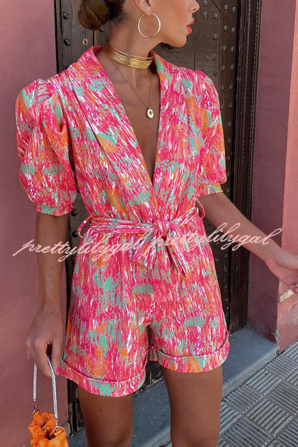 Joyful Smiles Printed Puff Sleeve Lapel Belted Romper