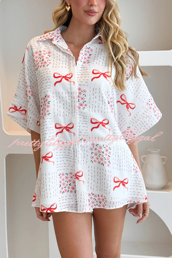 Sweet Bow Print Lapel Half Sleeve Tie Waist Loose Rompers