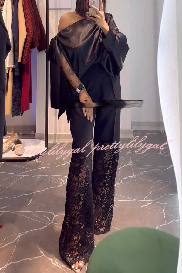 Chic Moment Satin Irregular Knot Slit Sleeve One Shoulder Loose Blouse