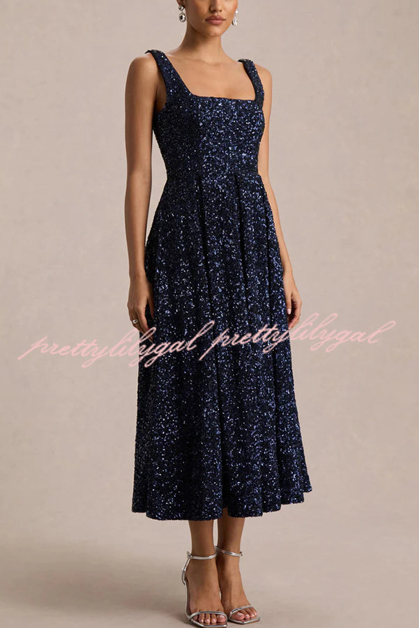 Effortless Sparkle Sequin Square Neck Wide Strap A-Line Midi Dress