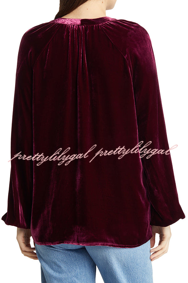 Solid Color Velvet V-neck Long-sleeved Shirt