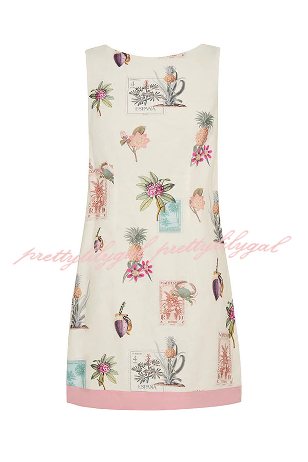 Botanical Print Sleeveless Open Back Casual Mini Dress