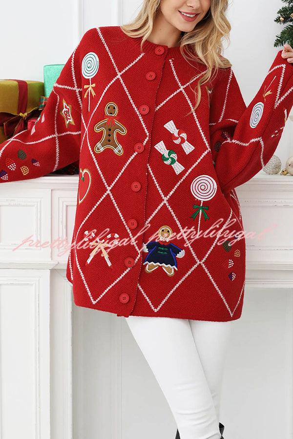 Argyle Candy Gingerbread Man Embroidered Button-knit Cardigan