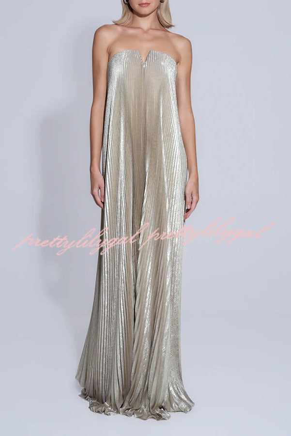 Maya Pleated Metallic Fabric Off Shoulder Asymmetric Hem A-line Maxi Dress