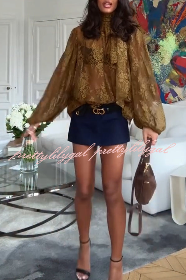 Reigna Semi-sheer Floral Lace Bow Neck Balloon Sleeve Loose Blouse