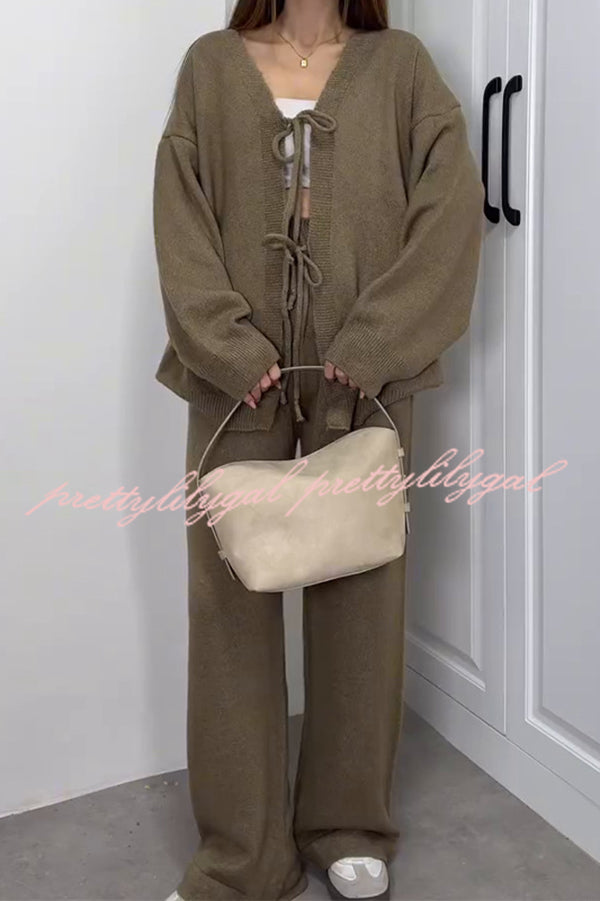Solid Color V-neck Tie Long-sleeved Loose Knit Cardigan and Elastic Waist Casual Straight Leg Pants Set