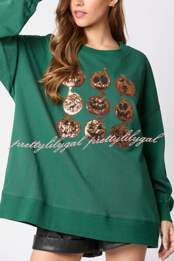 Halloween Pumpkin Sequin Loose Casual Sweatshirt