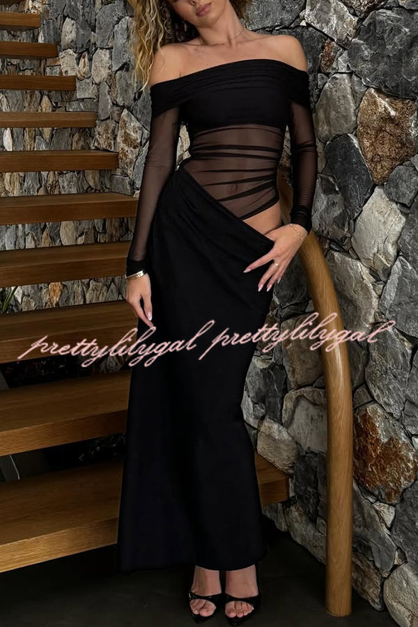 Exquisite Sexy Mesh Patchwork Off Shoulder Cutout Ruched Maxi Dress