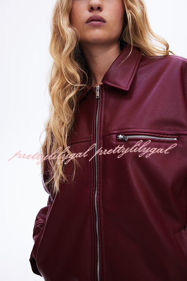 Fashion Lapel Long Sleeve Pocket Zipper Leather Jacket