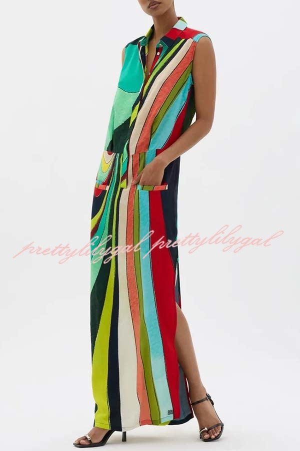 Bold and Elegant Colorful Print Button Up Pocket Shirt Slit H-line Maxi Dress