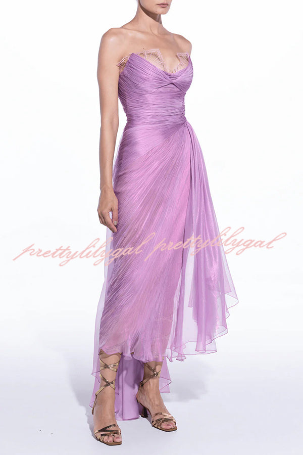 Julie Tulle Lace Trim Off Shoulder Ruched Back Lace-up Drape Slit Maxi Dress