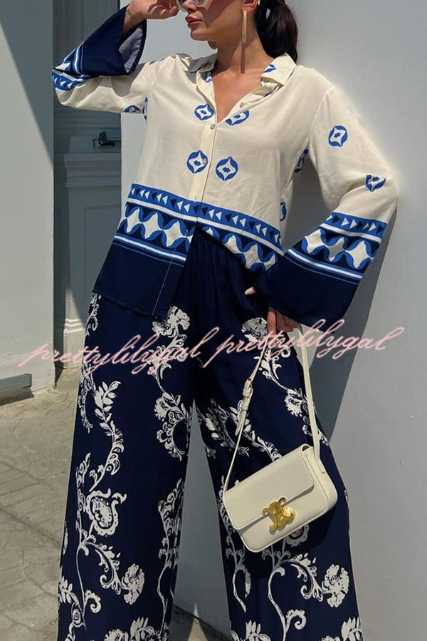 Unique Printed Lapel Long-sleeved Loose Top and Elastic Waist Casual Wide-leg Pants Set