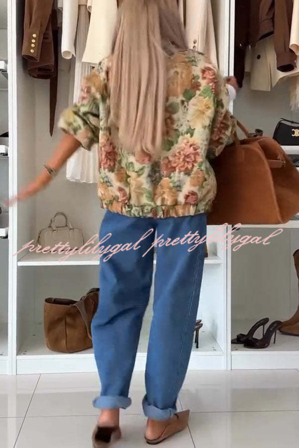 Floral Print Loose Long-sleeved Zip-up Jacket